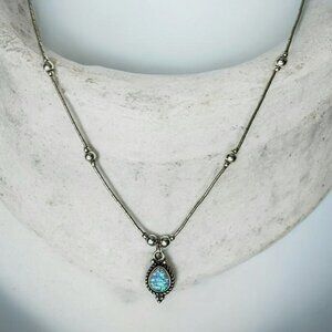 Vintage Sterling Silver Blue Opal Teardrop Necklace Pendant 925 Beaded Chain 16"